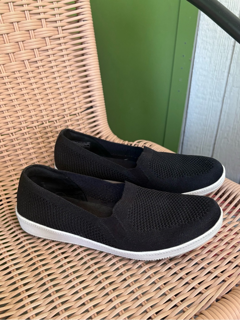 Skechers Black Knit Air Control Slip-On Sneakers with White Sole